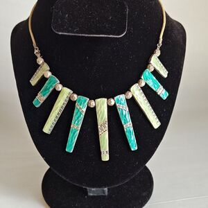 Statement Necklace IKITA Paris Necklace Enamel Metal Crystal Green Silver 16-18"